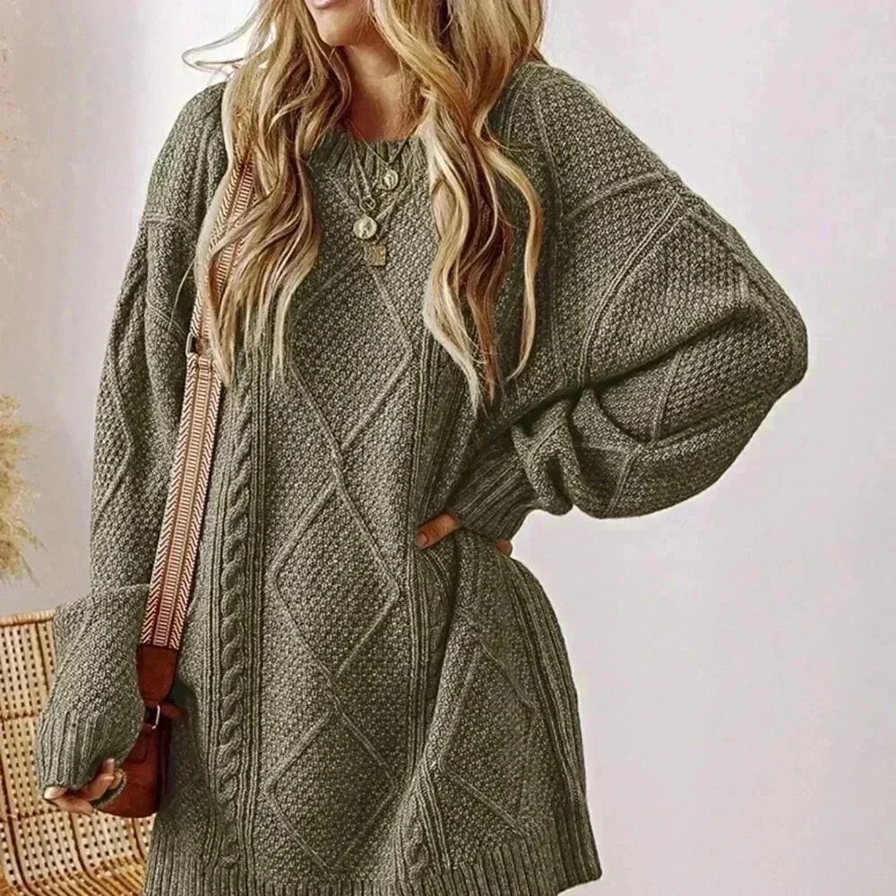 Green Casual Women's Cozy Cable Knit Drop Shoulder Loose Fit Sweater
